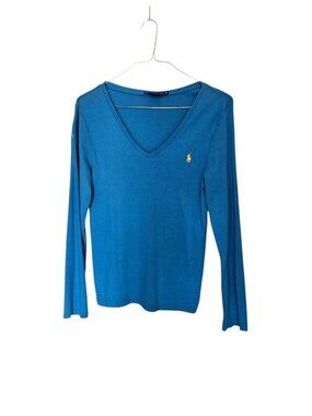 Ralph Lauren Sport Blue V Neck Long Sleeve Tee Yellow Pony Logo XL 100% Cotton